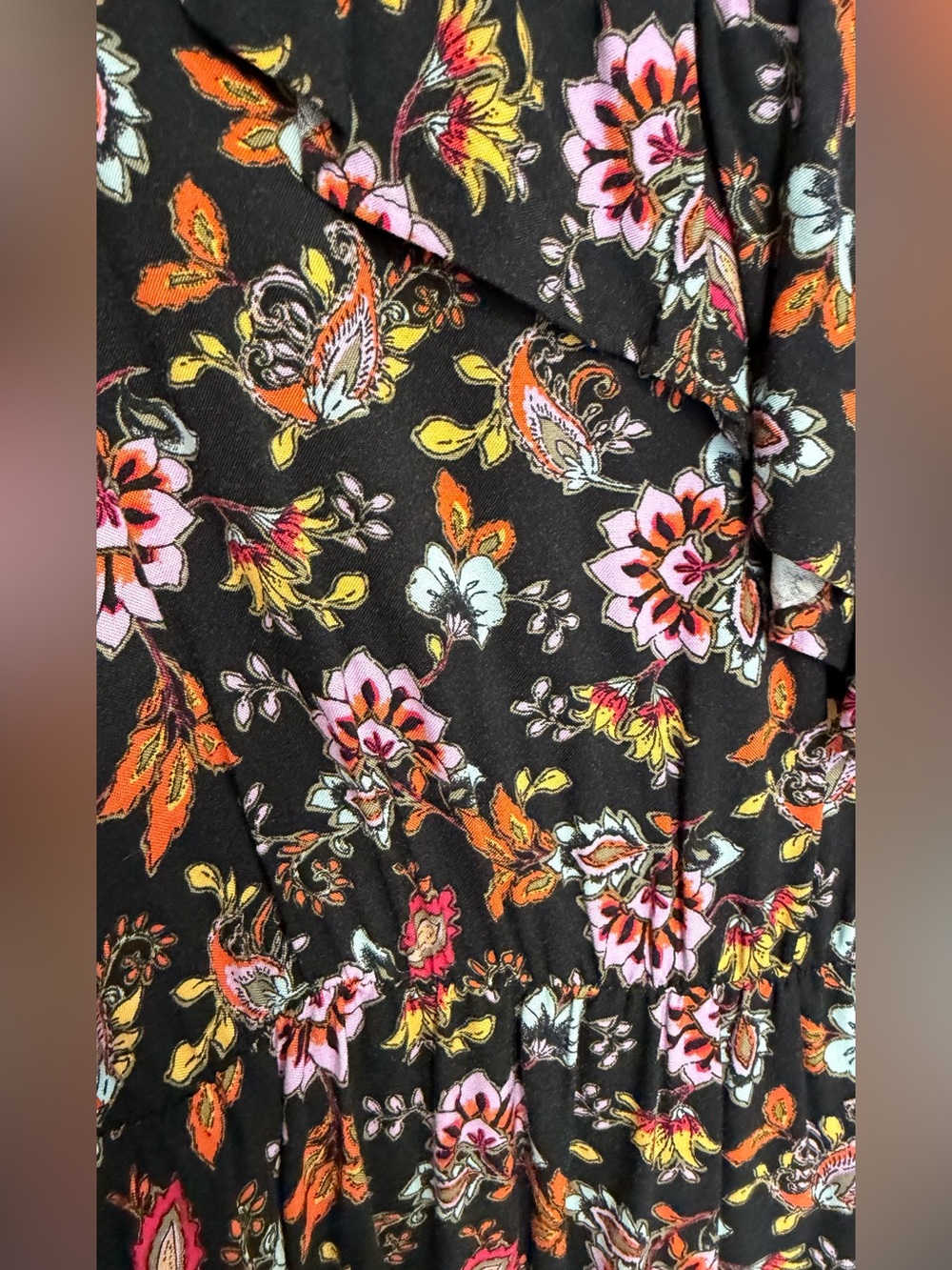 Long Sleeve Floral Ruffle Dress - Black with Pink & Orange Floral - Picture 2 of 11